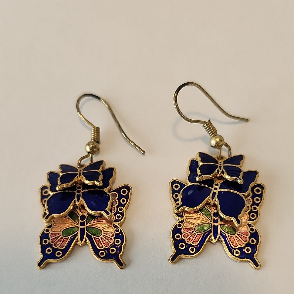 Vintage Unique Cloisonne Triple  Butterfly Earrings Blue And Gold